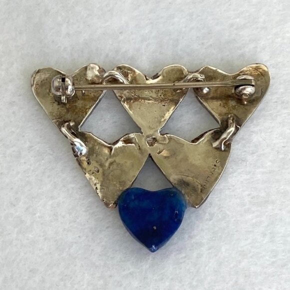 Vintage Sterling Silver 925 1.5" Stacked Hearts Blue Lapis Brooch - Picture 6 of 16